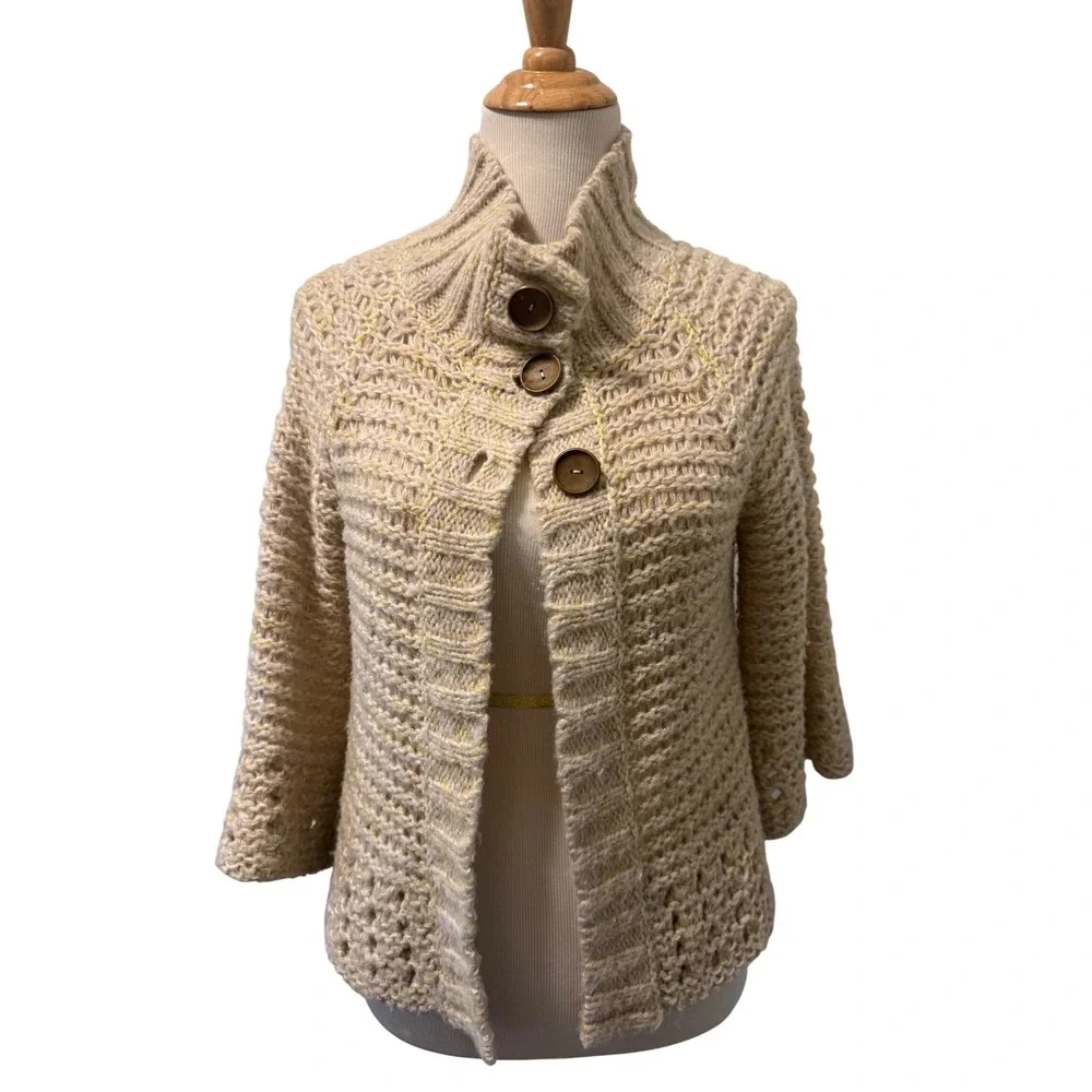 Free People Chunky Knit Cardigan Cream Gold Metallic Funnel Neck Wood Buttons